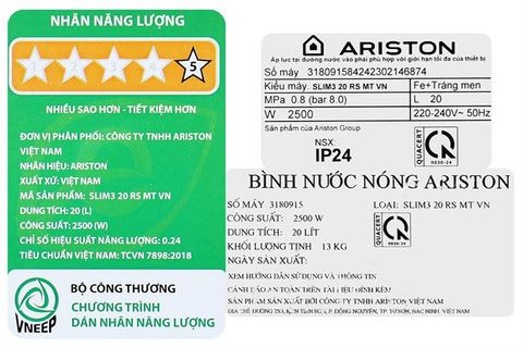 Bình nóng lạnh Ariston 20 lít 2500W SLIM3 20 RS MT