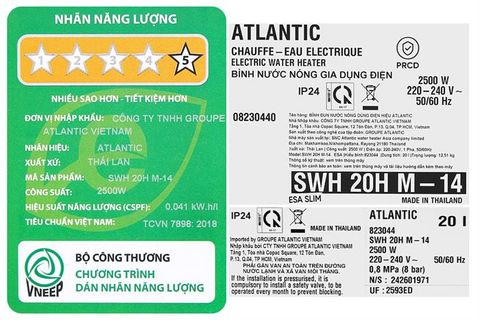 Bình nóng lạnh Atlantic 20 lít SWH 20H M-14 ESA SLIM 823044