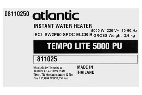 Bình nóng lạnh Atlantic 5000W Tempo Lite 5000 PU - 811025