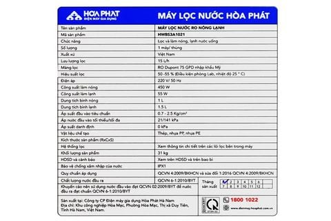 Máy lọc nước RO nóng nguội lạnh Hòa Phát HWBS3A 1021 10 lõi