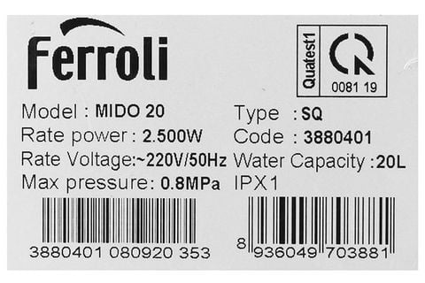 Bính nóng lạnh Ferroli 20 lít 2500W MIDO SQ