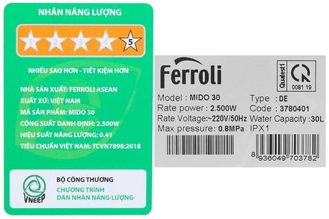 Bình nóng lạnh Ferroli 30 lít 2500W MIDO-DE