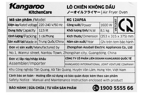 Lò chiên không dầu Kangaroo KG12AF6A 12.5 lít