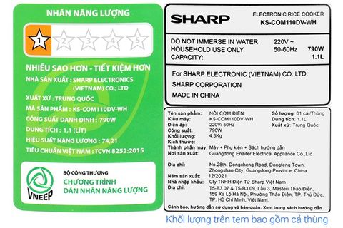 Nồi cơm điện tử Sharp 1.1 lít KS-COM110DV-WH