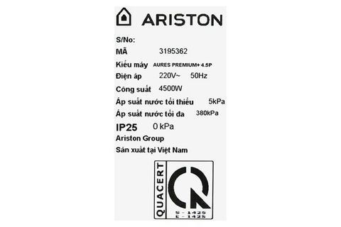 Bình nóng lạnh Ariston 4500W AURES PREMIUM+ 4.5P