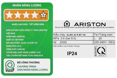 Bình nóng lạnh Ariston 20 lít 2500W SLIM3 20 R MT