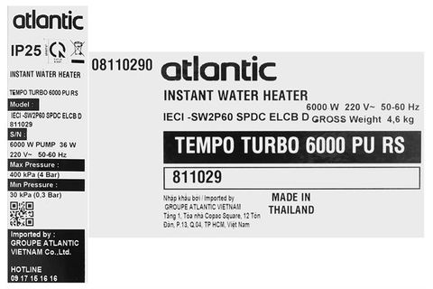 Bình nóng lạnh Atlantic 6000W Tempo Turbo 6000 PU RS - 811029