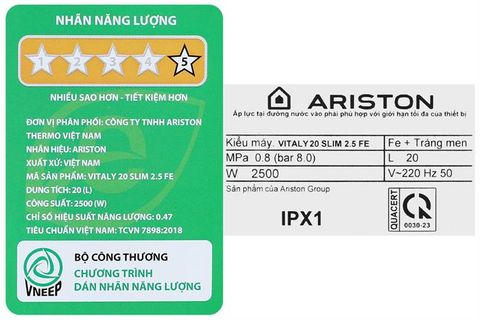 Bình nóng lạnh Ariston 20 lít 2500W VITALY 20 SLIM 2.5 FE 2024