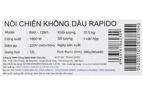 Lò chiên không dầu Rapido RAF-12M1 12 lít