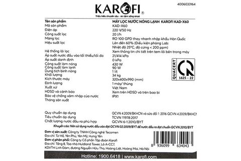 Máy lọc nước RO nóng nguội lạnh Karofi KAD-X60 10 lõi