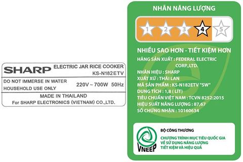 Nồi cơm nắp gài Sharp 1.8 lít KS-N182ETV