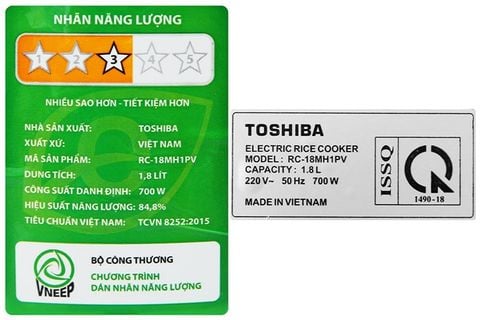 Nồi cơm nắp rời Toshiba 1.8 lít RC-18MH1PV(F)