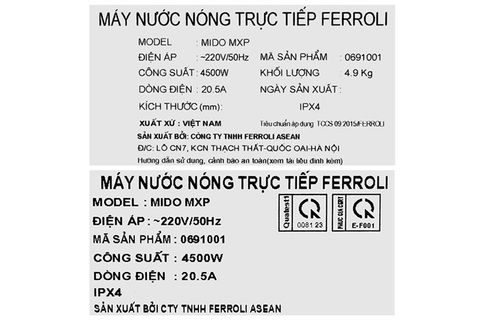 Bình nóng lạnh Ferroli 4500W MIDO-MXP 4.5S