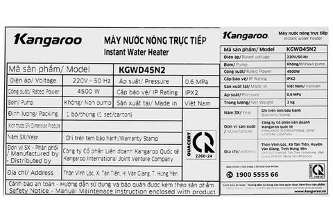 Bình nóng lạnh Kangaroo 4500W KGWD45N2