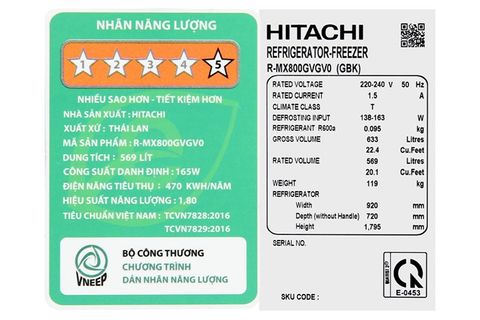 Tủ lạnh Hitachi Inverter 569 lít Side By Side R-MX800GVGV0 GBK