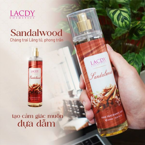  Body Mist SANDALWOOD, xịt thơm nam hương gỗ đàn hương (250ml) - Lacdy [Chính Hãng] 
