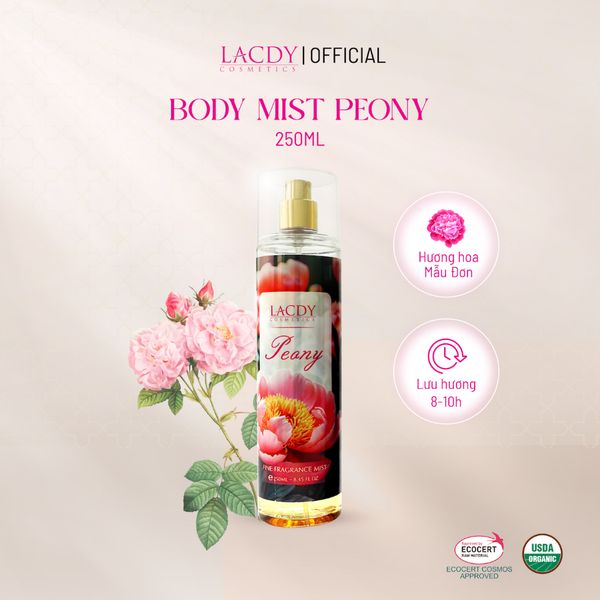  Body Mist PEONY, xịt thơm nữ hương hoa mẫu đơn ngọt ngào (250ml) - Lacdy [Chính Hãng] 