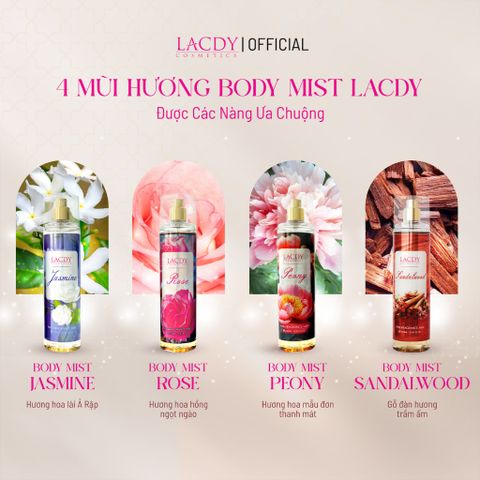  Body Mist PEONY, xịt thơm nữ hương hoa mẫu đơn ngọt ngào (250ml) - Lacdy [Chính Hãng] 
