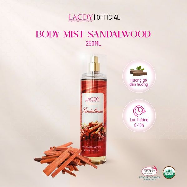 Body Mist SANDALWOOD, xịt thơm nam hương gỗ đàn hương (250ml) - Lacdy [Chính Hãng] 