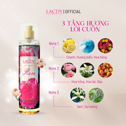  Body Mist ROSE, xịt thơm nữ hương hoa hồng cao cấp (250ml) - Lacdy [Chính Hãng] 