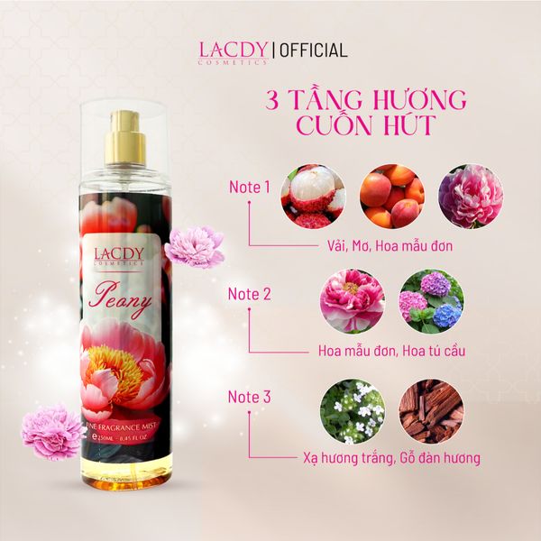  Body Mist PEONY, xịt thơm nữ hương hoa mẫu đơn ngọt ngào (250ml) - Lacdy [Chính Hãng] 