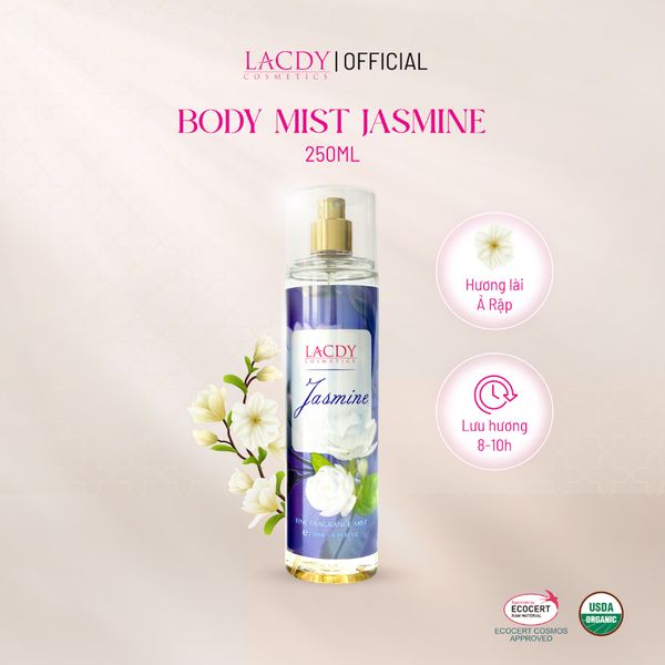  Body Mist JASMINE, xịt thơm nữ hương hoa lài Ả Rập thơm dịu (250ml) - Lacdy [Chính Hãng] 