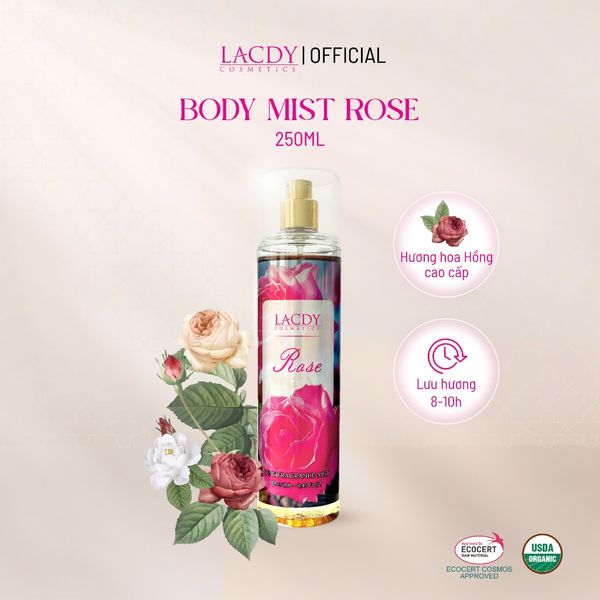  Body Mist ROSE, xịt thơm nữ hương hoa hồng cao cấp (250ml) - Lacdy [Chính Hãng] 