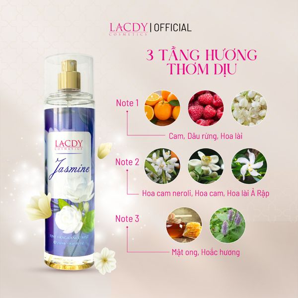  Body Mist JASMINE, xịt thơm nữ hương hoa lài Ả Rập thơm dịu (250ml) - Lacdy [Chính Hãng] 