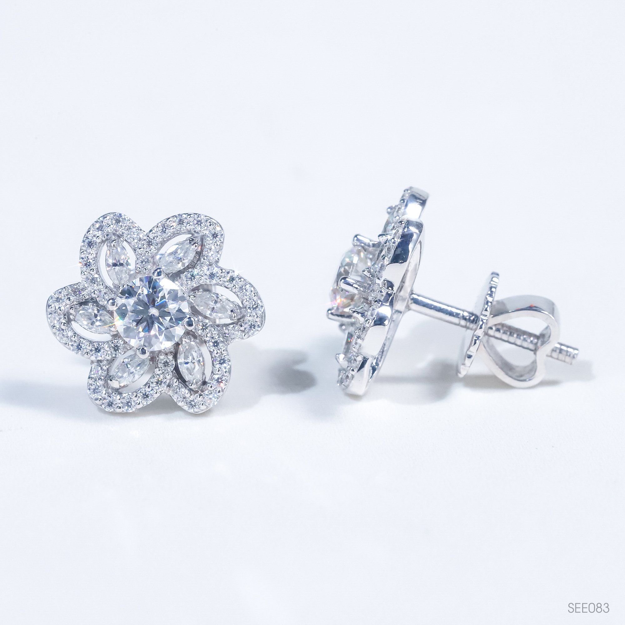  Bông tai Bông hoa hạt thóc chốt ren ổ 4,5mm Bạc S925 xi kim Chủ Mois Round D tấm mois  SEE083 