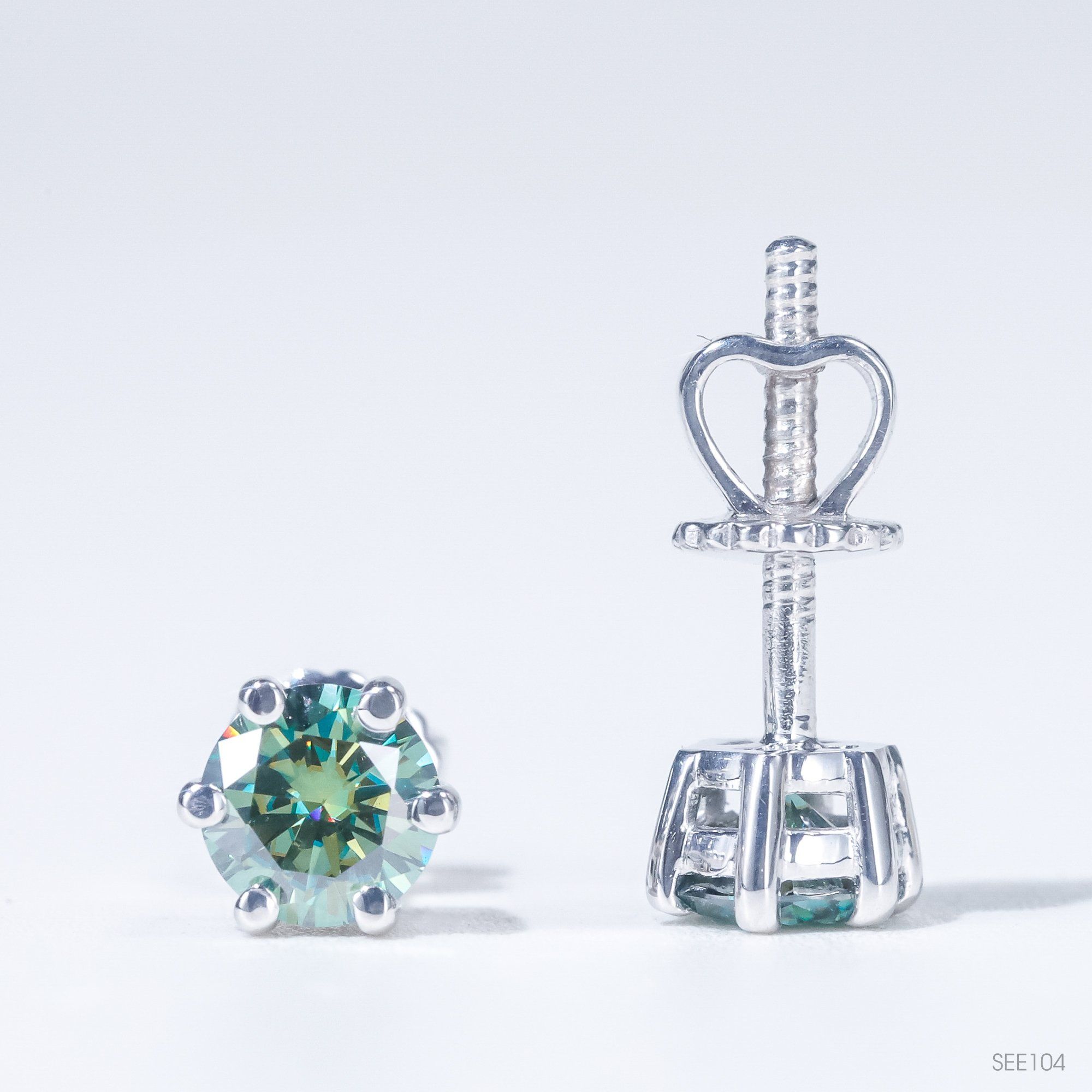  Bông tai 6 chấu chốt ren ổ 5,0mm Bạc S925 xi kim Chủ Mois Round Green không tấm  SEE104 