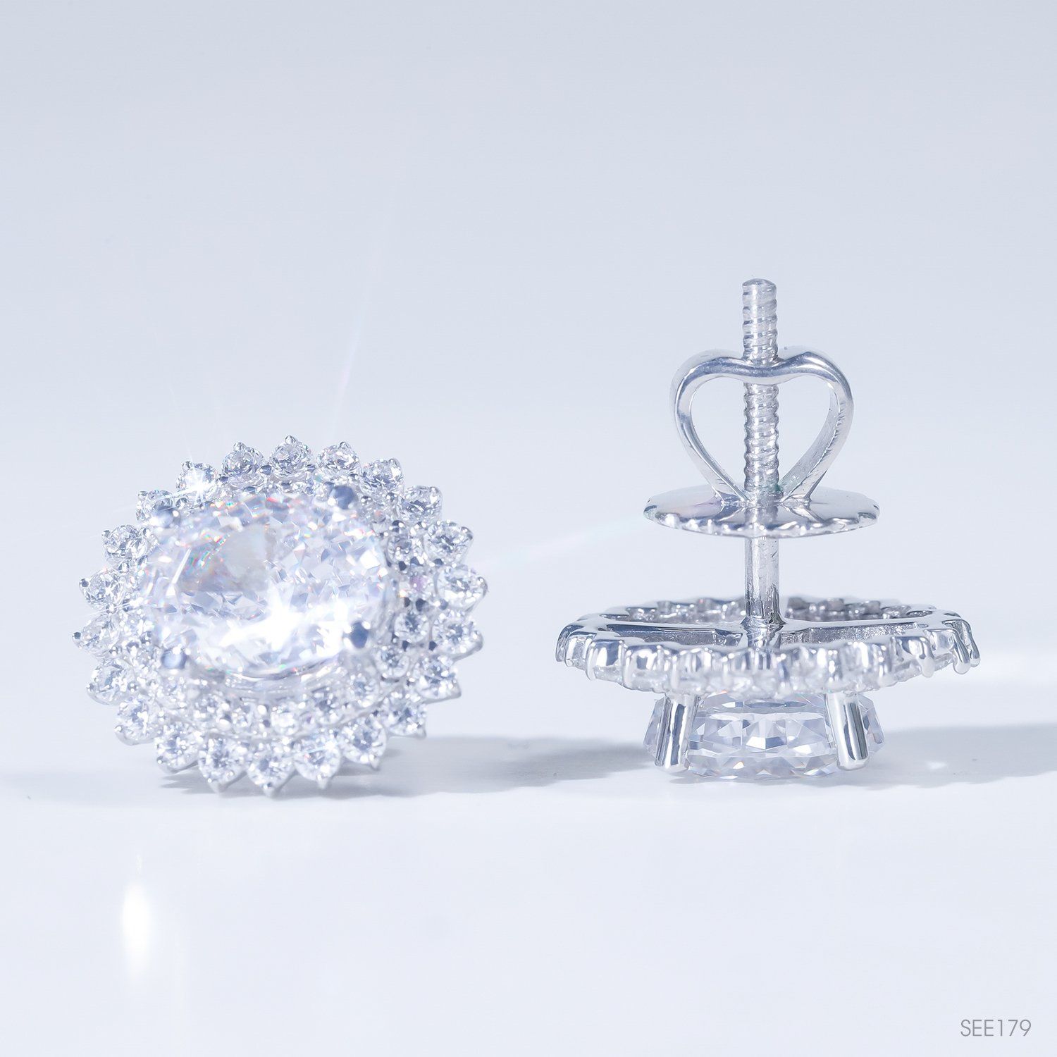  Bông tai ổ 6x8mm bạc S925 xi kim chủ nam phi oval D tấm cz SEE179 