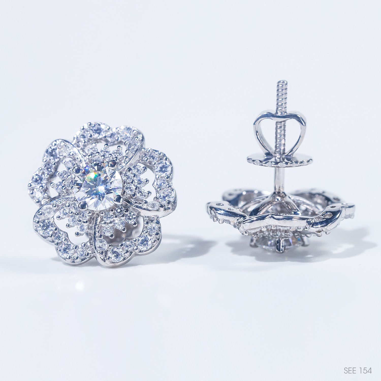  Bông tai Hoa 5 cánh chốt ren ổ 6,3mm Bạc S925 xi kim Chủ Mois Round D tấm cz  SEE154 