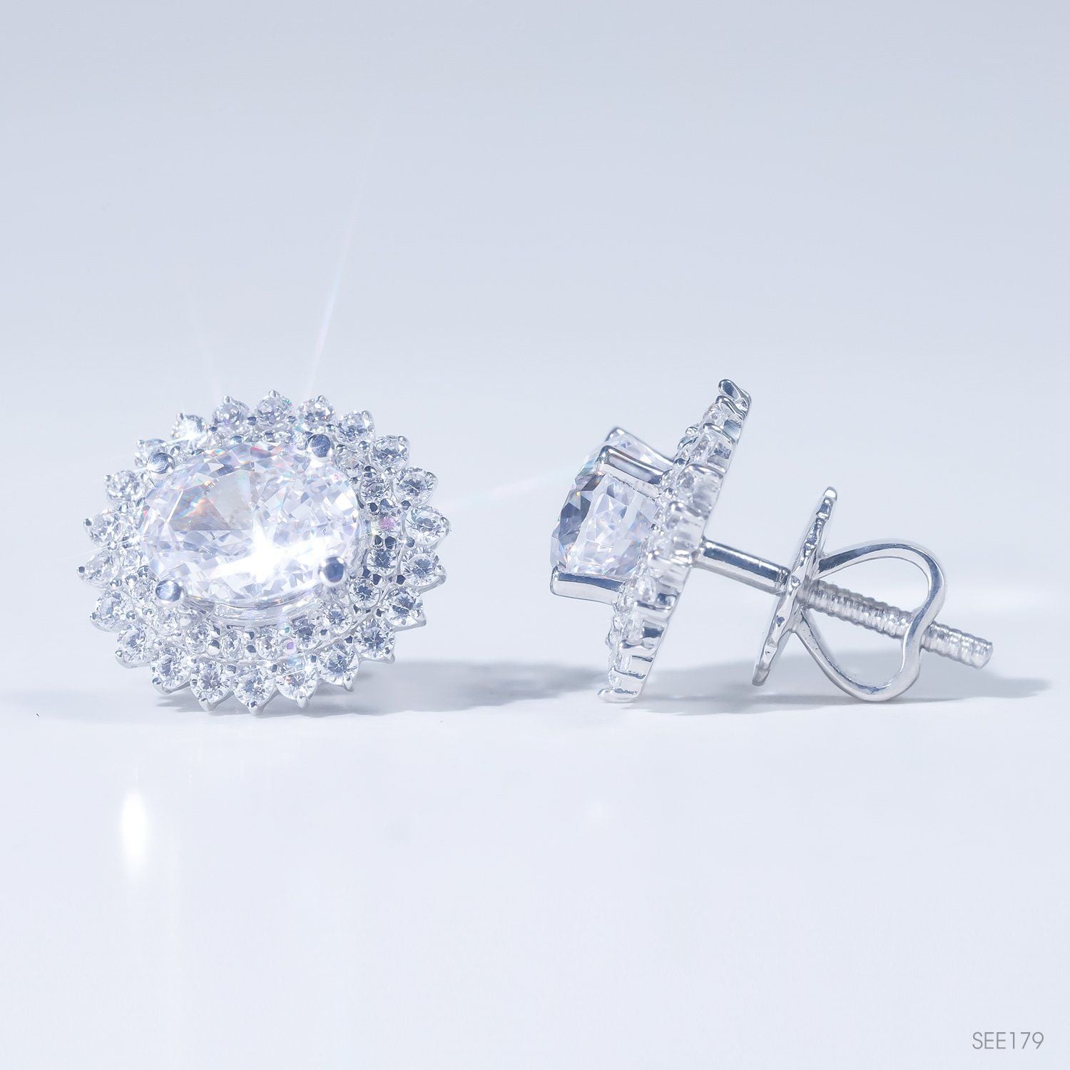  Bông tai ổ 6x8mm bạc S925 xi kim chủ nam phi oval D tấm cz SEE179 