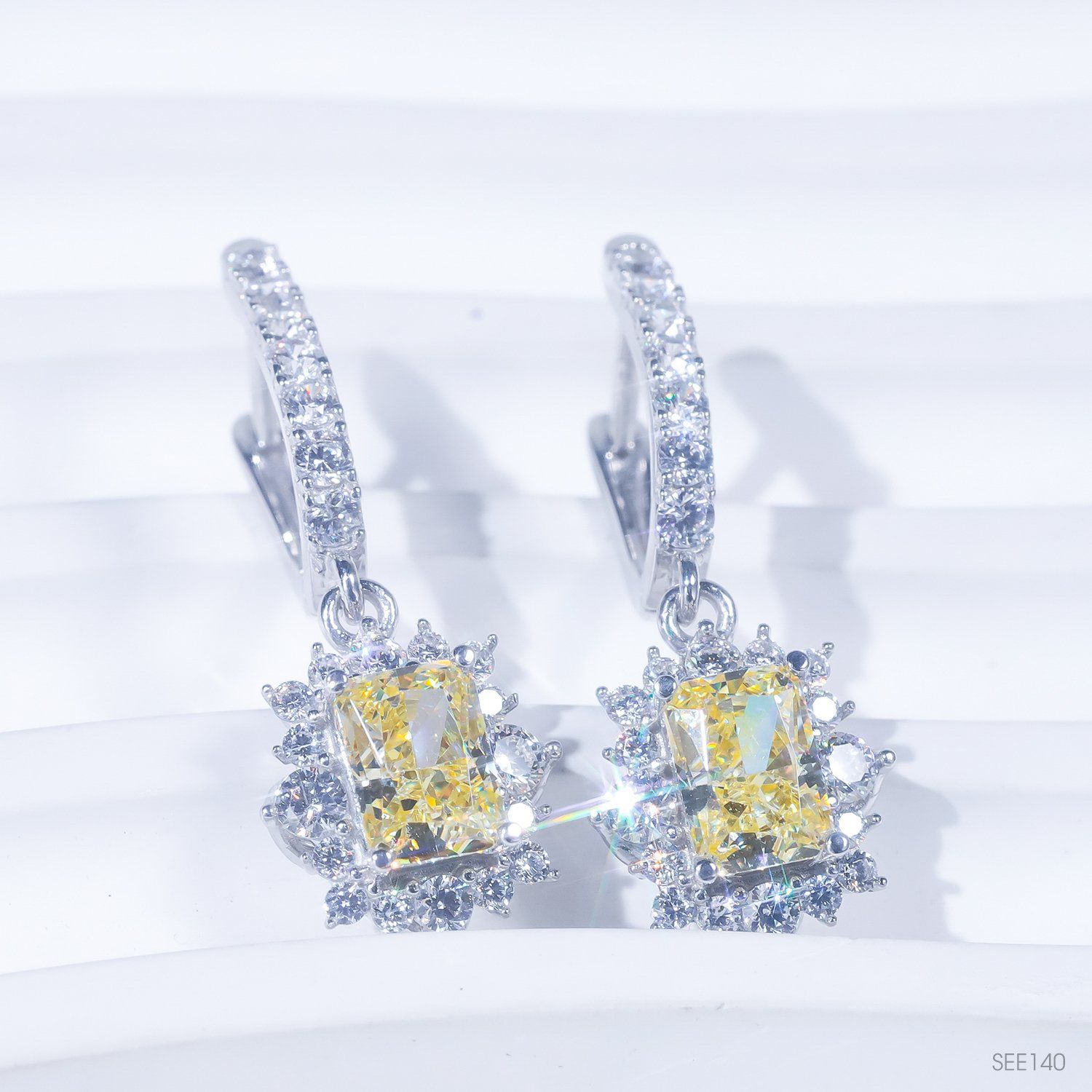  Bông tai thả chốt bật ổ chữ nhật 5x7mm Bạc S925 xi kim Chủ Nam phi Radiant D tấm cz SEE140 