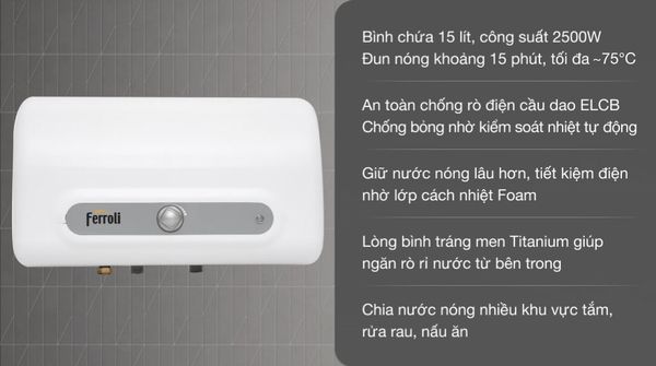 Bình nóng lạnh Ferroli 15 lít 2500W QQ Evo ME