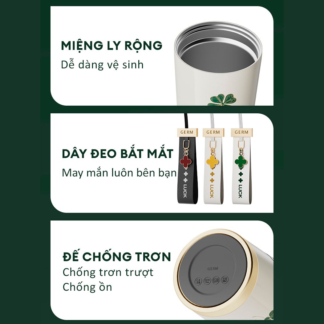  Ly Giữ Nhiệt Cao Cấp GERM BST Cỏ Bốn Lá - Màu Xanh Lá 500ml - Inox 316L Nguyên Khối 