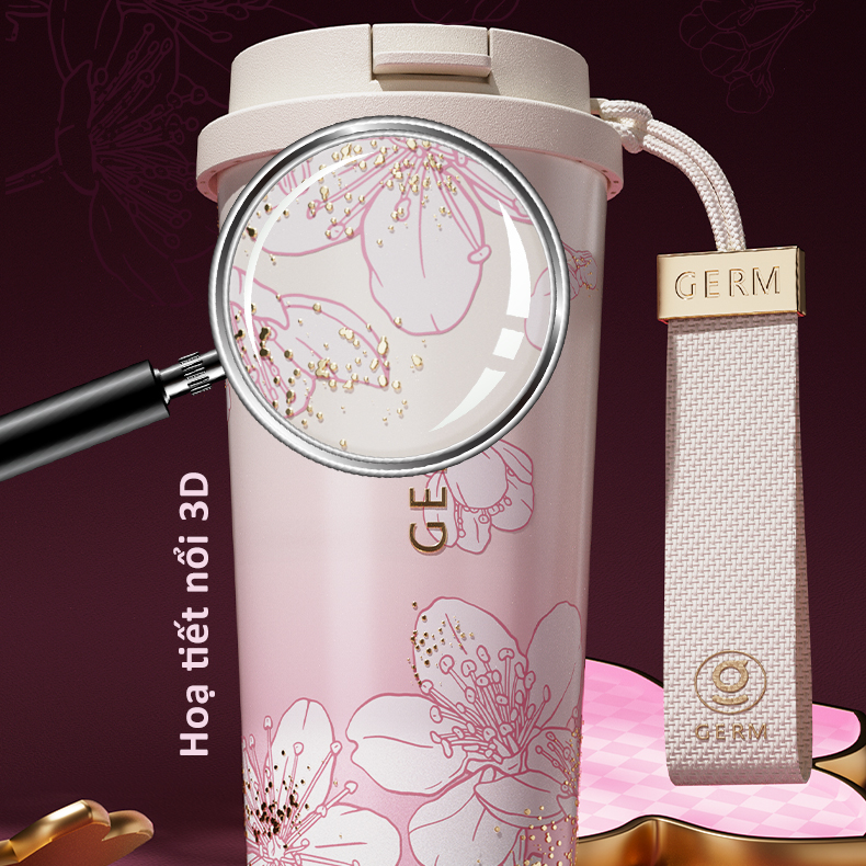  Ly Giữ Nhiệt Cao Cấp GERM BST Hoa Anh Đào - Màu Hồng Trắng 500ml - Inox 316L Nguyên Khối 