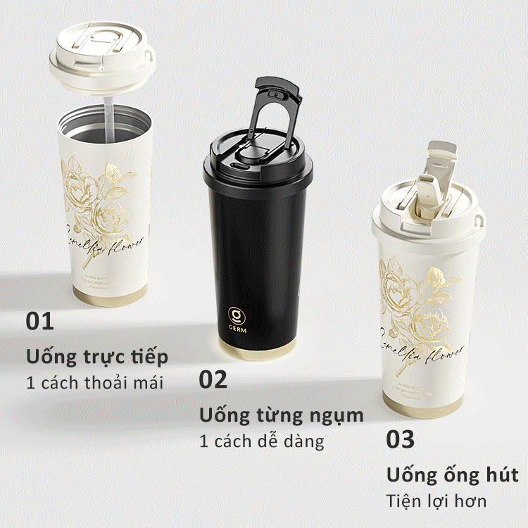  Ly Giữ Nhiệt Cao Cấp GERM BST Hoa Sơn Trà - Màu Bạch Tuyết 500ml – Inox 316L Nguyên Khối 