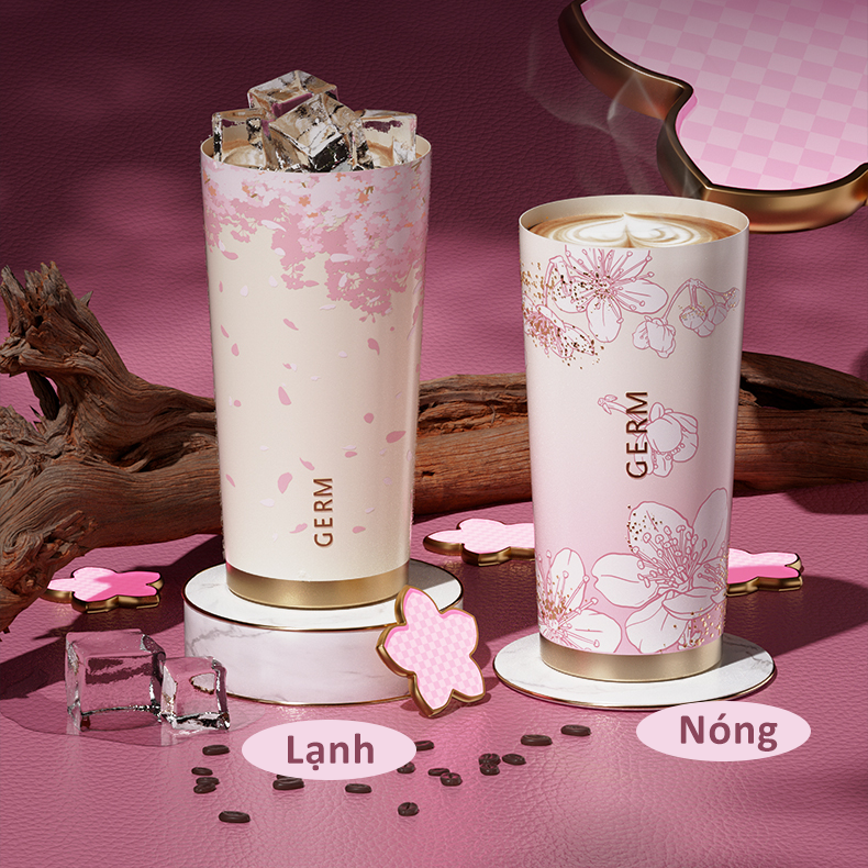  Ly Giữ Nhiệt Cao Cấp GERM BST Hoa Anh Đào - Màu Hồng Trắng 500ml - Inox 316L Nguyên Khối 