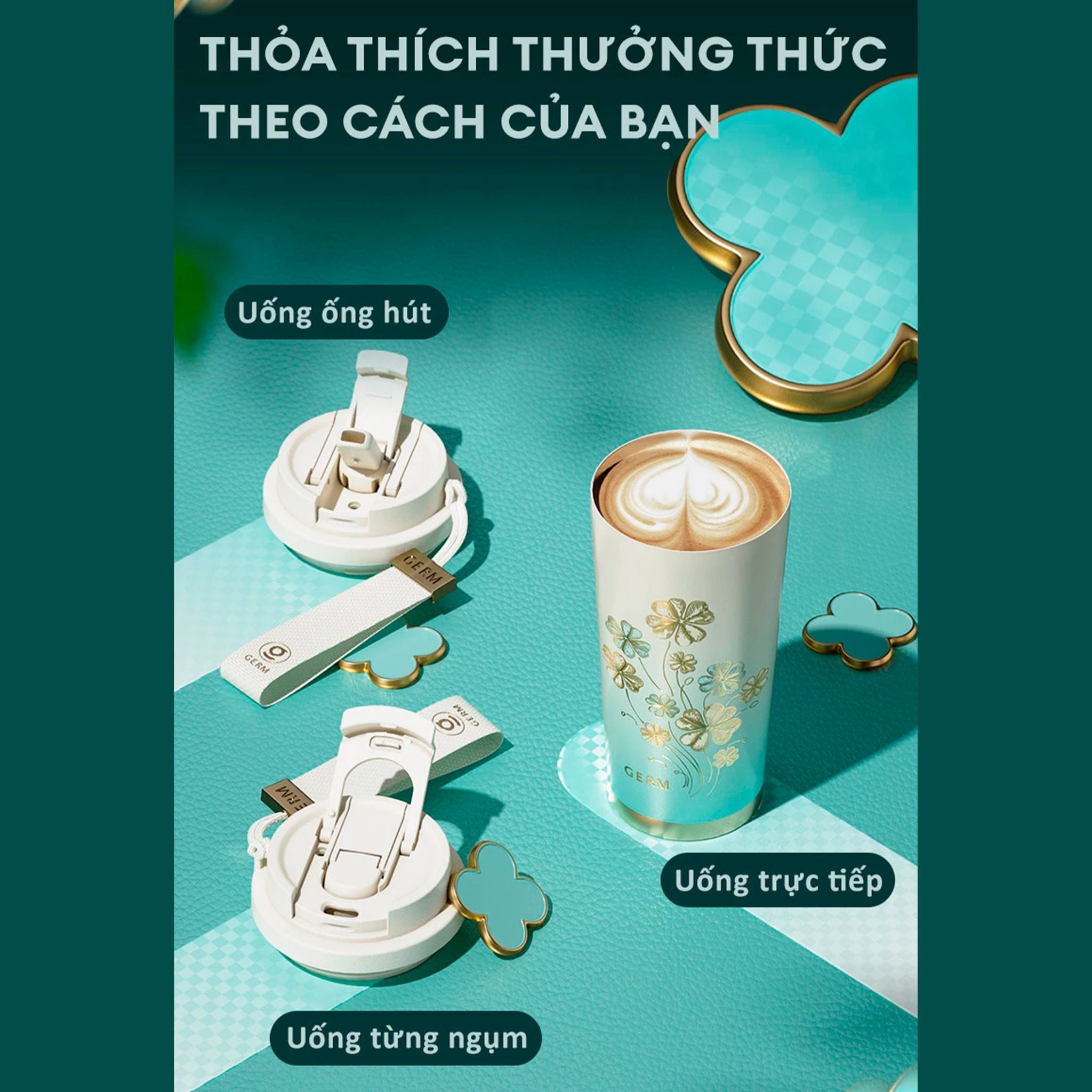 Ly Giữ Nhiệt Cao Cấp GERM BST Cỏ Bốn Lá - Màu Trắng 390ml - Inox 316L Nguyên Khối 