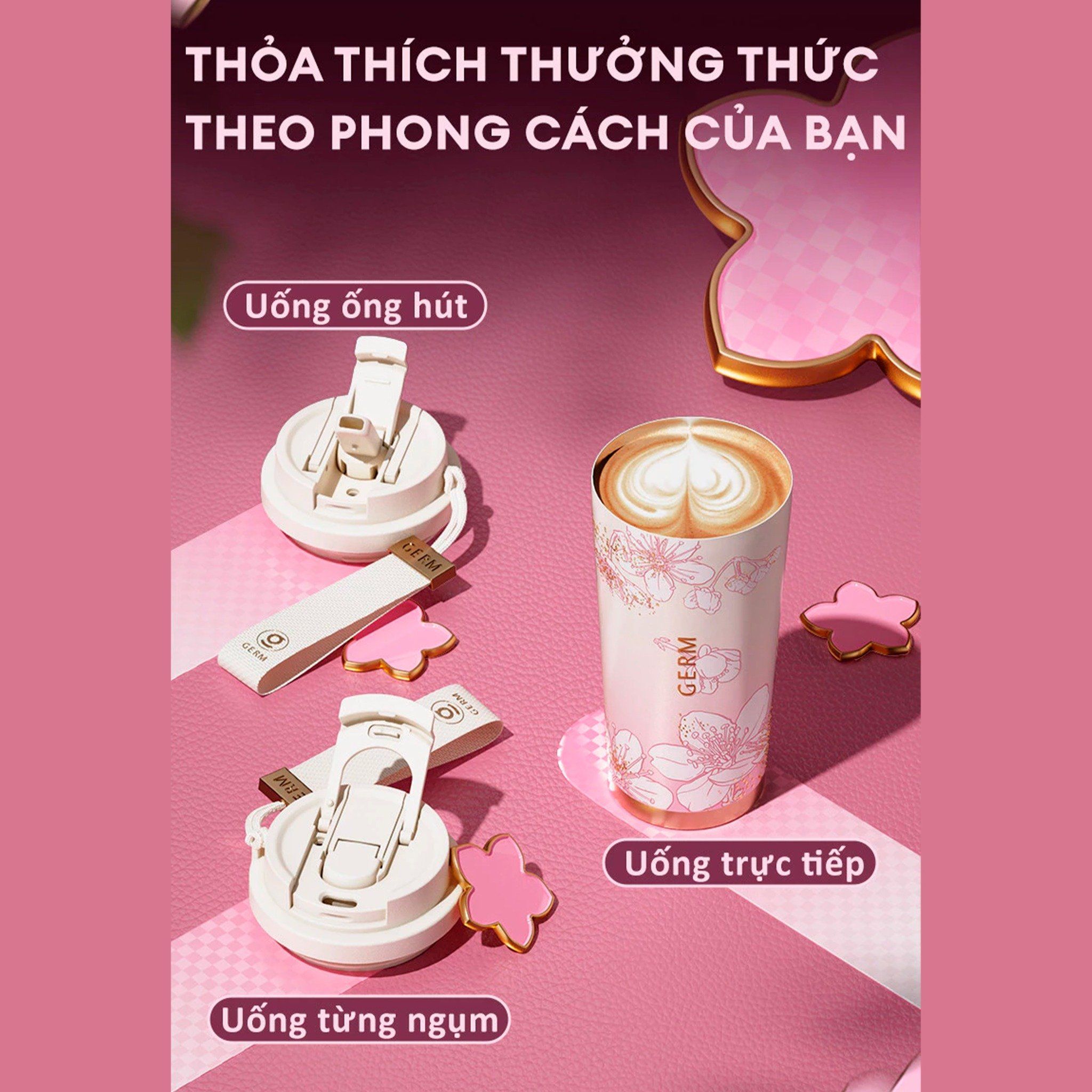  Ly Giữ Nhiệt Cao Cấp GERM BST Hoa Anh Đào - Màu Hồng Trắng 500ml - Inox 316L Nguyên Khối 