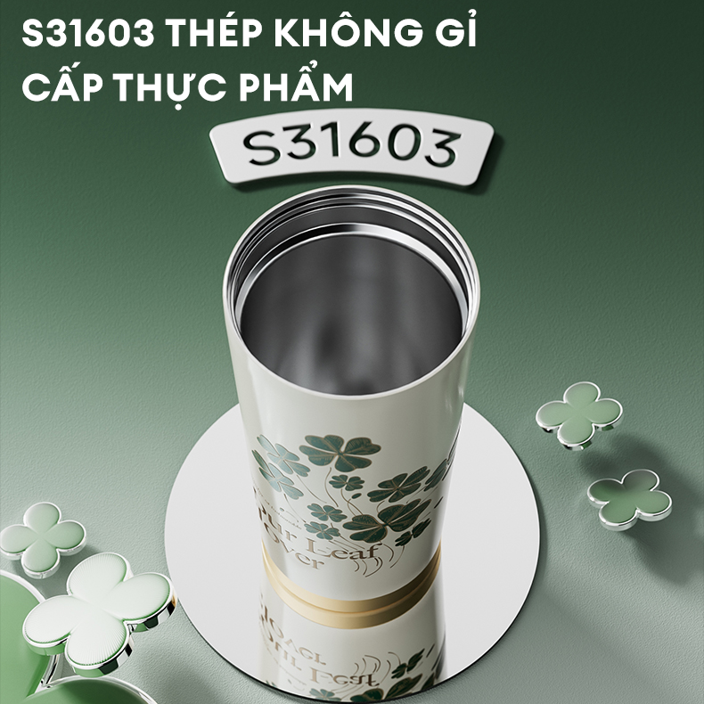  Ly Giữ Nhiệt Cao Cấp GERM BST Cỏ Bốn Lá - Màu Xanh Lá 500ml - Inox 316L Nguyên Khối 