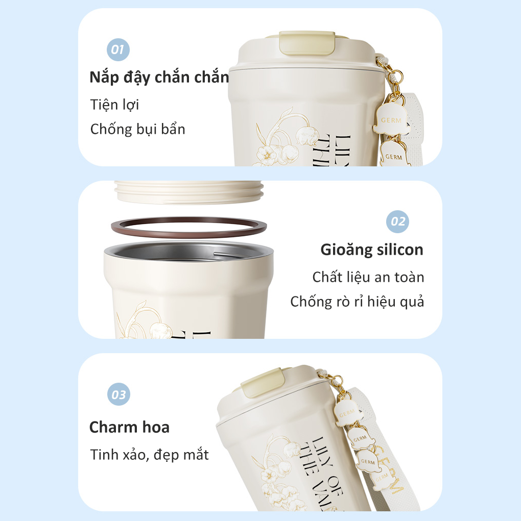  Ly Giữ Nhiệt Cao Cấp GERM BST Hoa Huệ Thung Lũng - Màu Trắng Kem 390ml - Inox 316L Nguyên Khối 