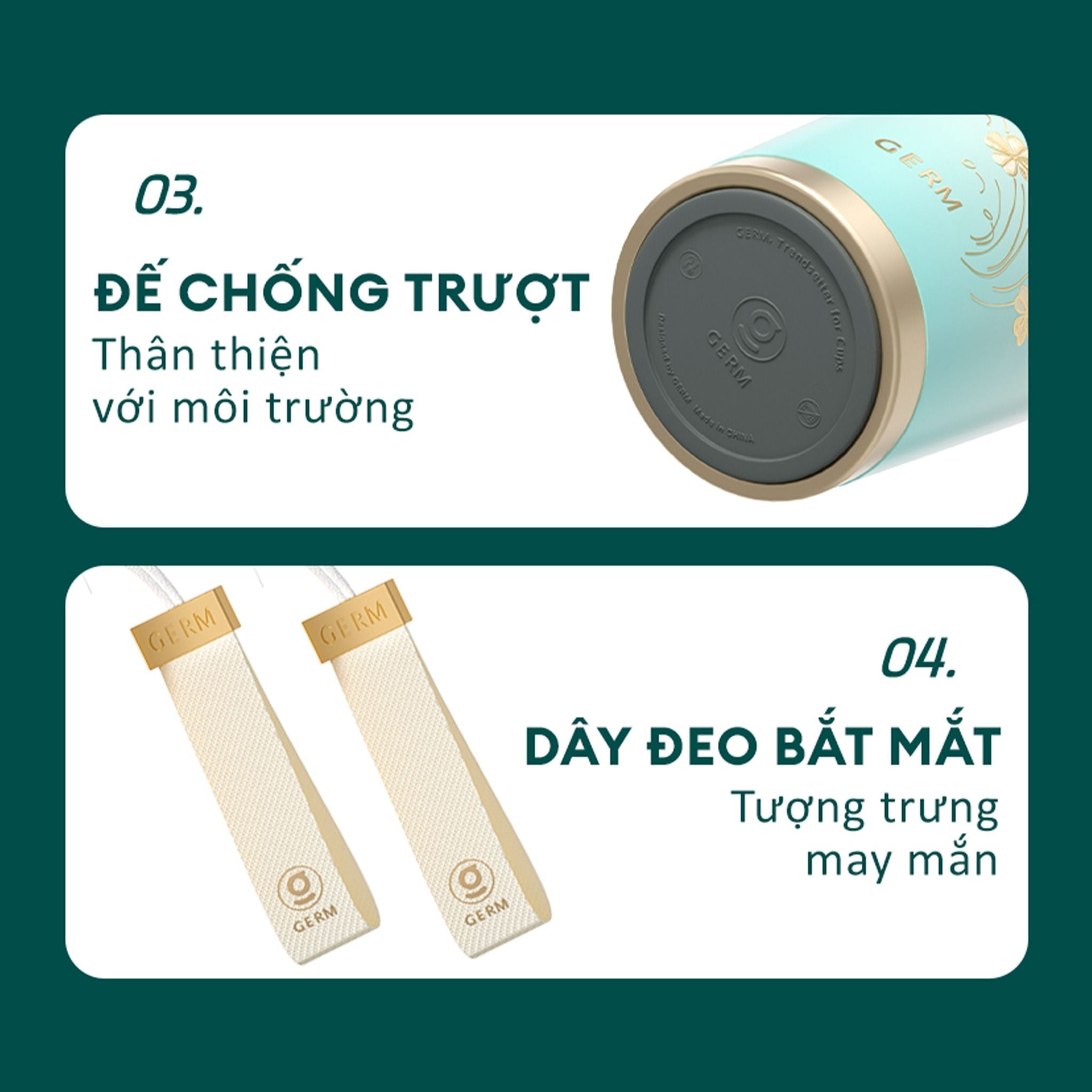  Ly Giữ Nhiệt Cao Cấp GERM BST Cỏ Bốn Lá - Màu Trắng 390ml - Inox 316L Nguyên Khối 