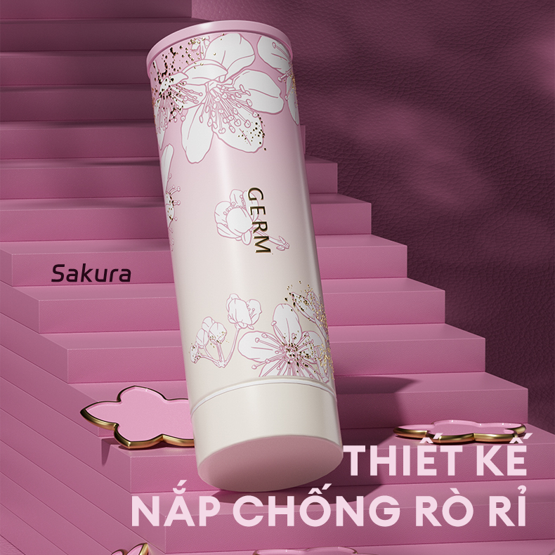  Ly Giữ Nhiệt Cao Cấp GERM BST Hoa Anh Đào - Màu Hồng Trắng 300ml - Inox 316L Nguyên Khối 