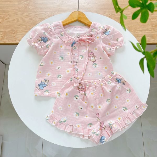  Bộ hè bé gái xô cotton Lá Homewear A262 mát nhẹ, bộ cộc cho bé cột nơ dễ thương unicorn kỳ lân thỏ 