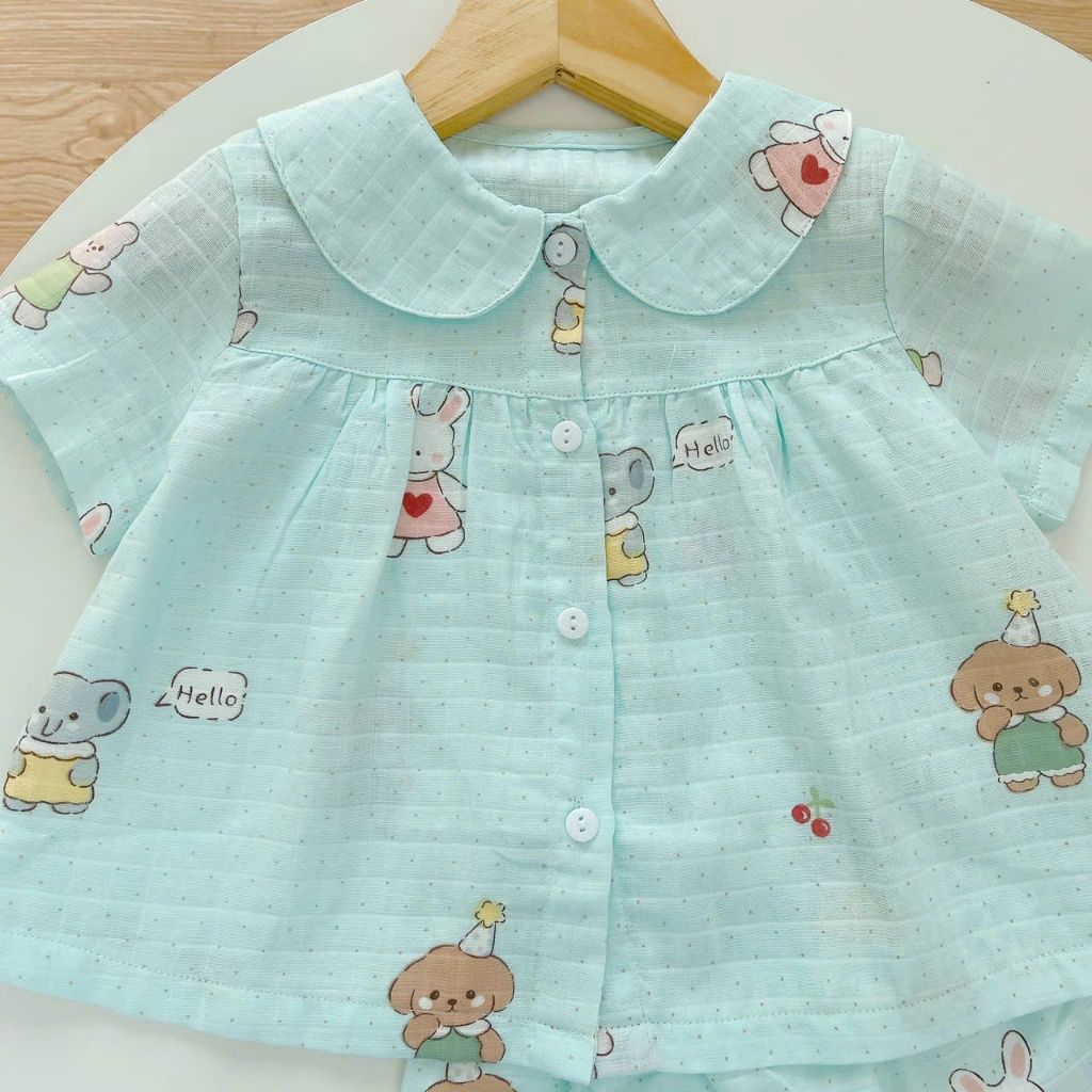  Bộ hè bé gái áo babydoll cánh tiên vải xô hai lớp mềm mát họa tiết thỏ mèo Áo Lá Homewear A049 
