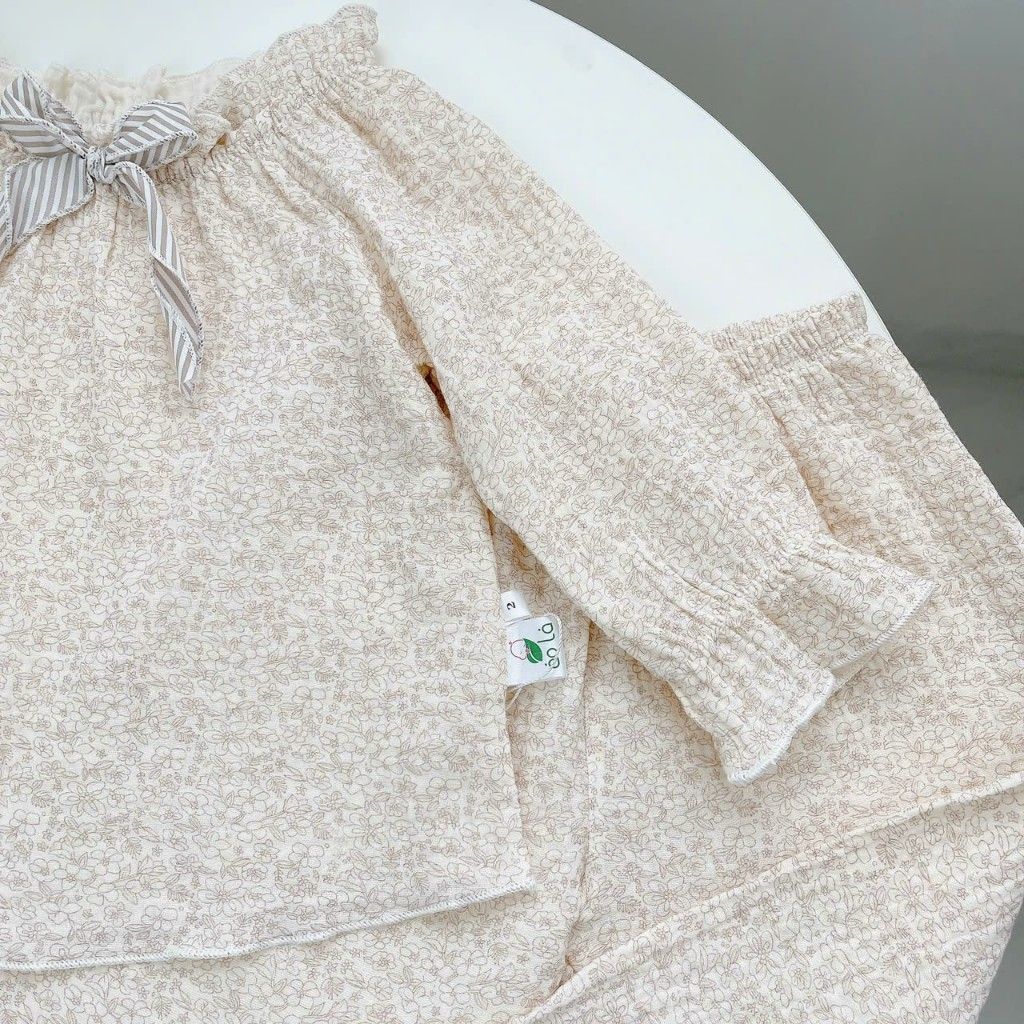  Bộ dài tay bé gái xô muslin Áo Lá Homewear A189, pizama cho bé gái mặc ngủ bốn mùa hoa nhí đính nơ xinh 