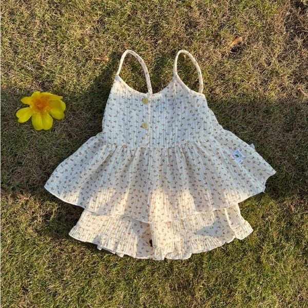  Bộ hai dây bé gái mặc hè xô muslin Áo Lá Homewear A121, đồ bộ hè bé gái quần đùi xô đũi babydoll dễ thương 