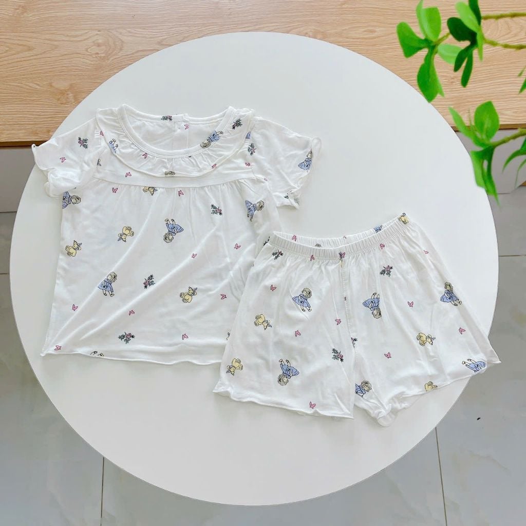  Bộ cộc tay bé gái Tencel Lycra mỏng mát lạnh Lá Homewear A266, bộ đùi bé gái mặc hè cổ tròn bèo xinh xắn kuromi 